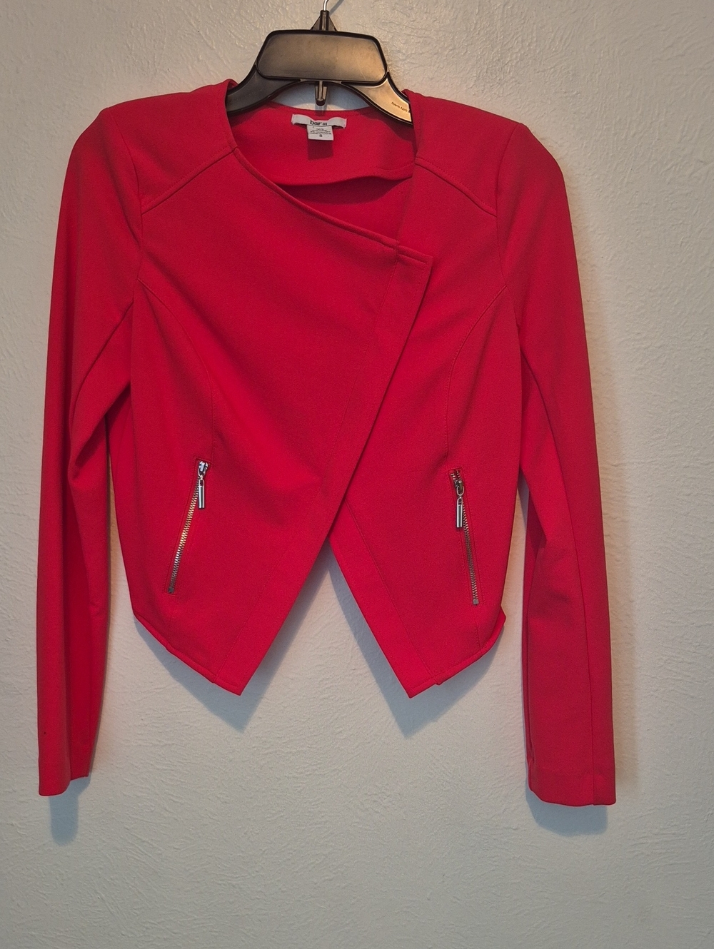 Bar III Bright Red/Coral Asymmetric Ponte Zip Blazer
